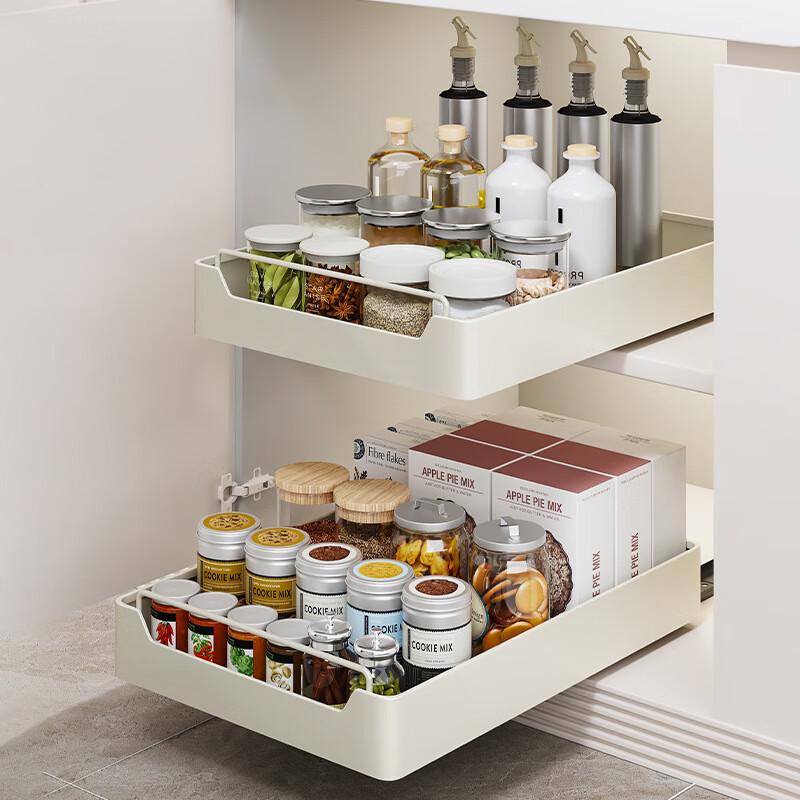 Drill-Free Pull-Out Kitchen Storage Shelf, Cream White