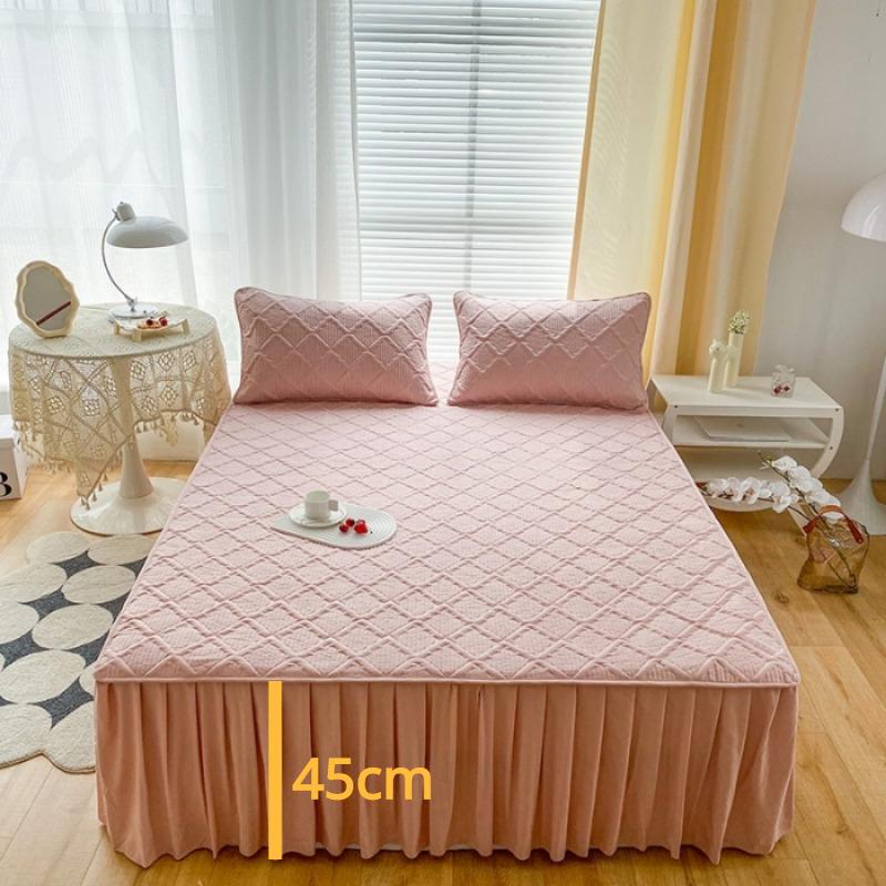 Cuvertură de pat în stil fustă de pat Vată de mătase Căptușită în carouri groase cearșaf de protecție 45 cm înălțime cu tivul de culoare solidă pentru saltea