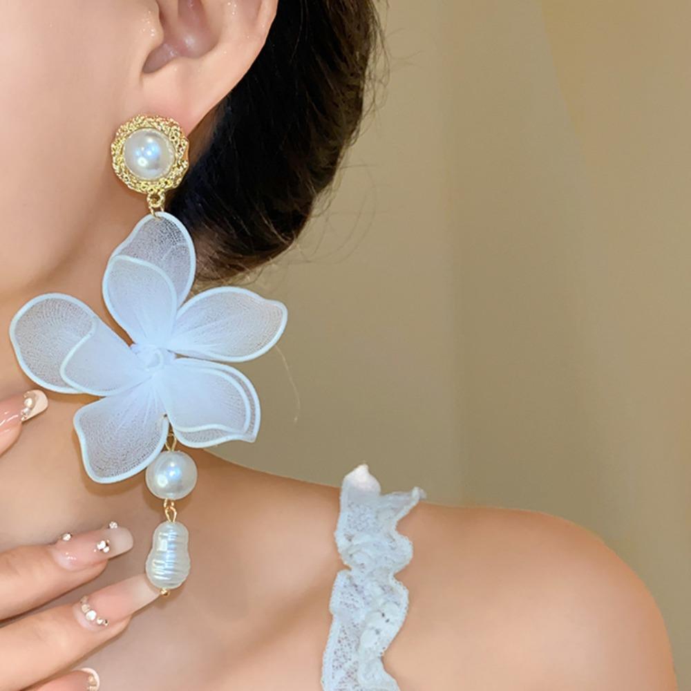Pearl Pedant Beach Earrings Sweet Petals Stud Earrings Mesh Flower Dangle Earrings  Ladies/Girls