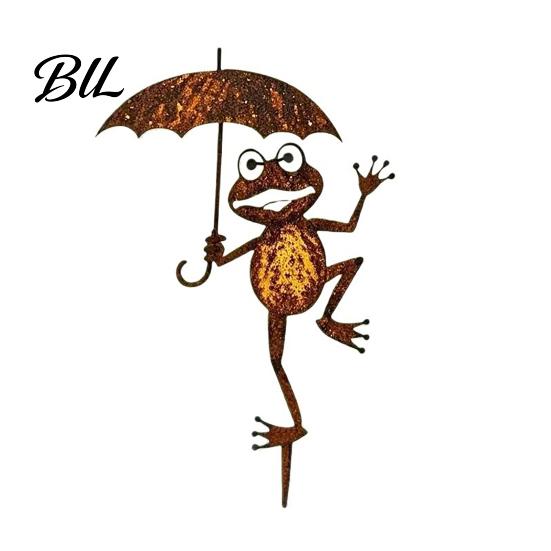 Flowerbed Stake Rusty Frog Garden Cute Holding Umbrella Yard Art Courtyard Decoration Iron Outdoor Ornament for Lawn Decor Vintage 1pc