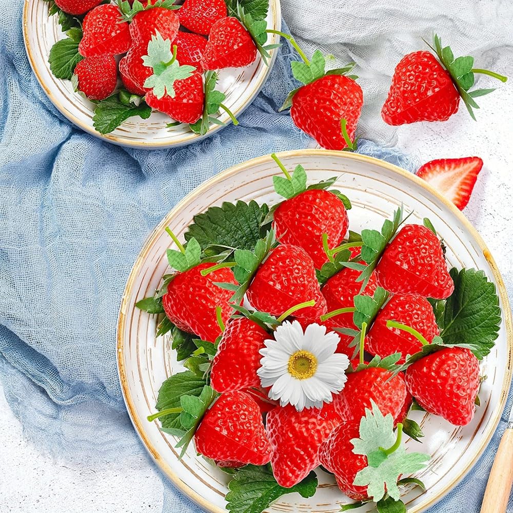 20 Strawberry Food Sample Models with Perfect for Cake Shop and Fruit Shop Displays Stems,