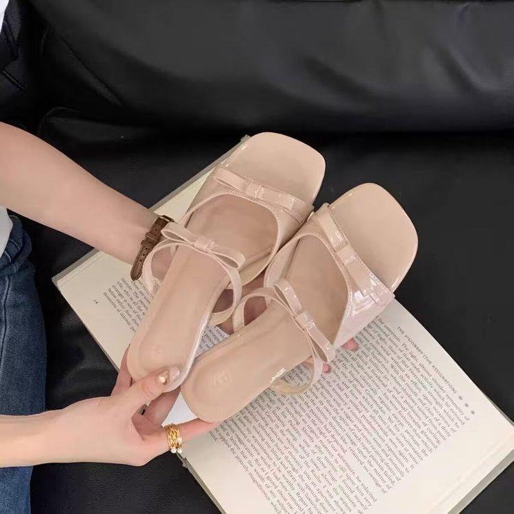 

Soft leather version~ Double bow French fairy wind one-word drag, new seaside vacation cool slippers in summer 2025 40