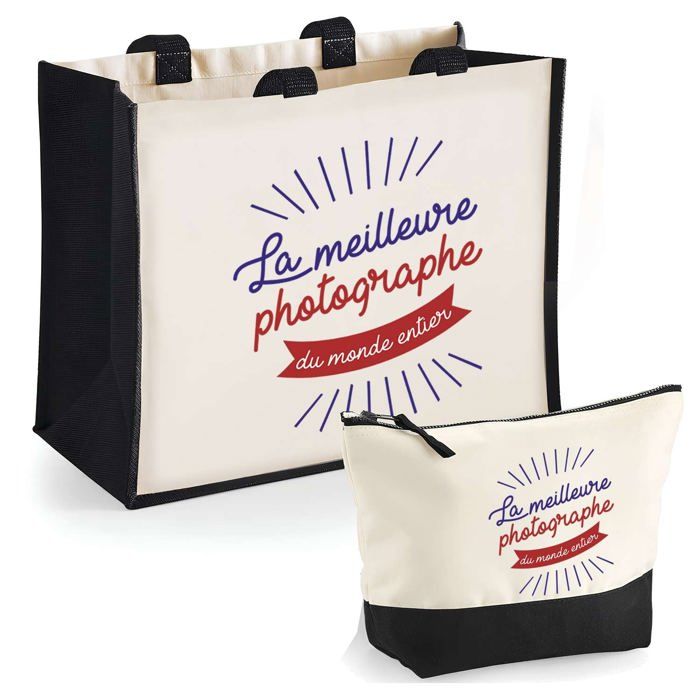 Duo cabas jute et trousse Photographe meilleure du Monde Entier Cadeau Anniversaire Noël | Sac courses Pochette Maquillage Shopping