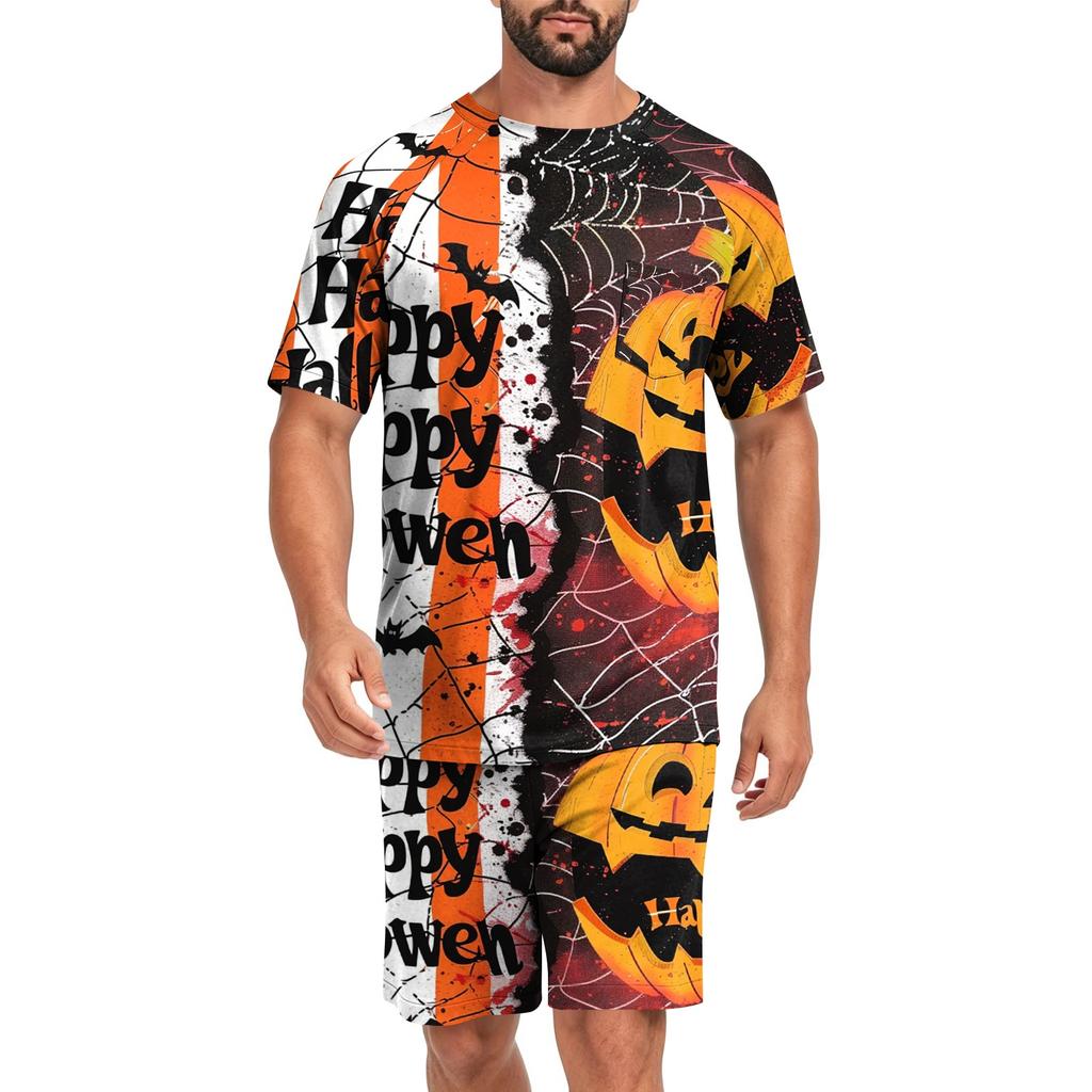 Men's Halloween Casual Pajama Set Short Sleeve Top and Shorts Comfortable Lightweight Sleepwear Set for Home Relaxation