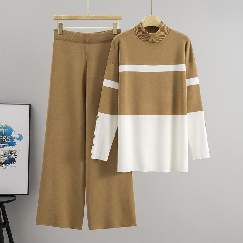 

Casual and Fashionable Knitted Suit for Women In Autumn and Winter: Loose Long-sleeved Color-blocking Top, High-waisted Slimming Wide-leg Pants one size хакі