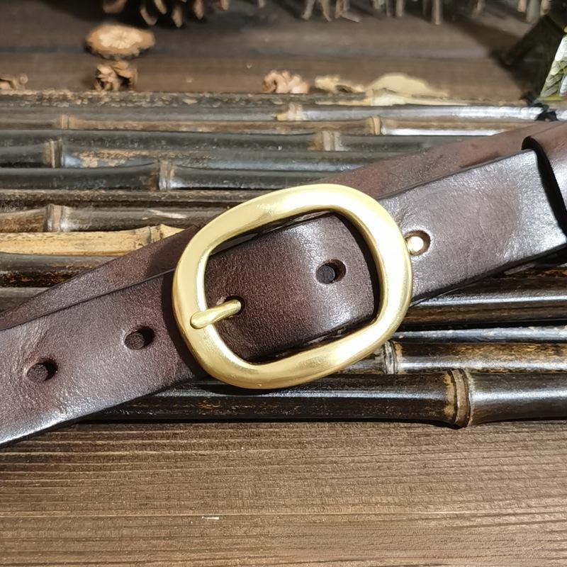 Women's Korean-Style Leather Belt Vintage Crumpled Trendy Brass Buckle Genuine Leather New Pure Cowhide All-Matching Jeans Belt