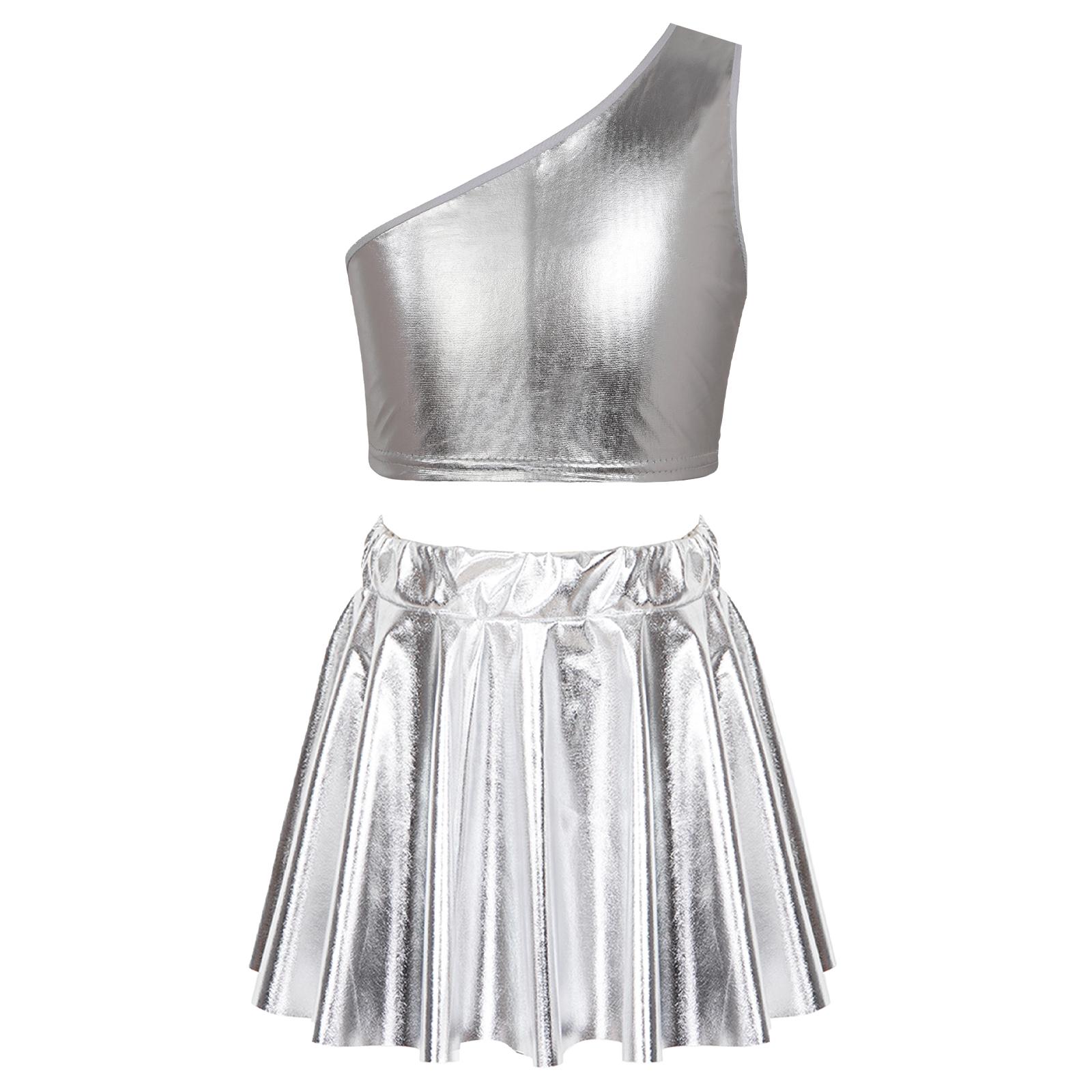

Girls Metallic Single Shoulder Sleeveless Crop Top Elastic Waistband Skirt Dance Performance Costume Stage Show Recital Outfit Sparkly Apparel for Kid 5-6 Years срібний