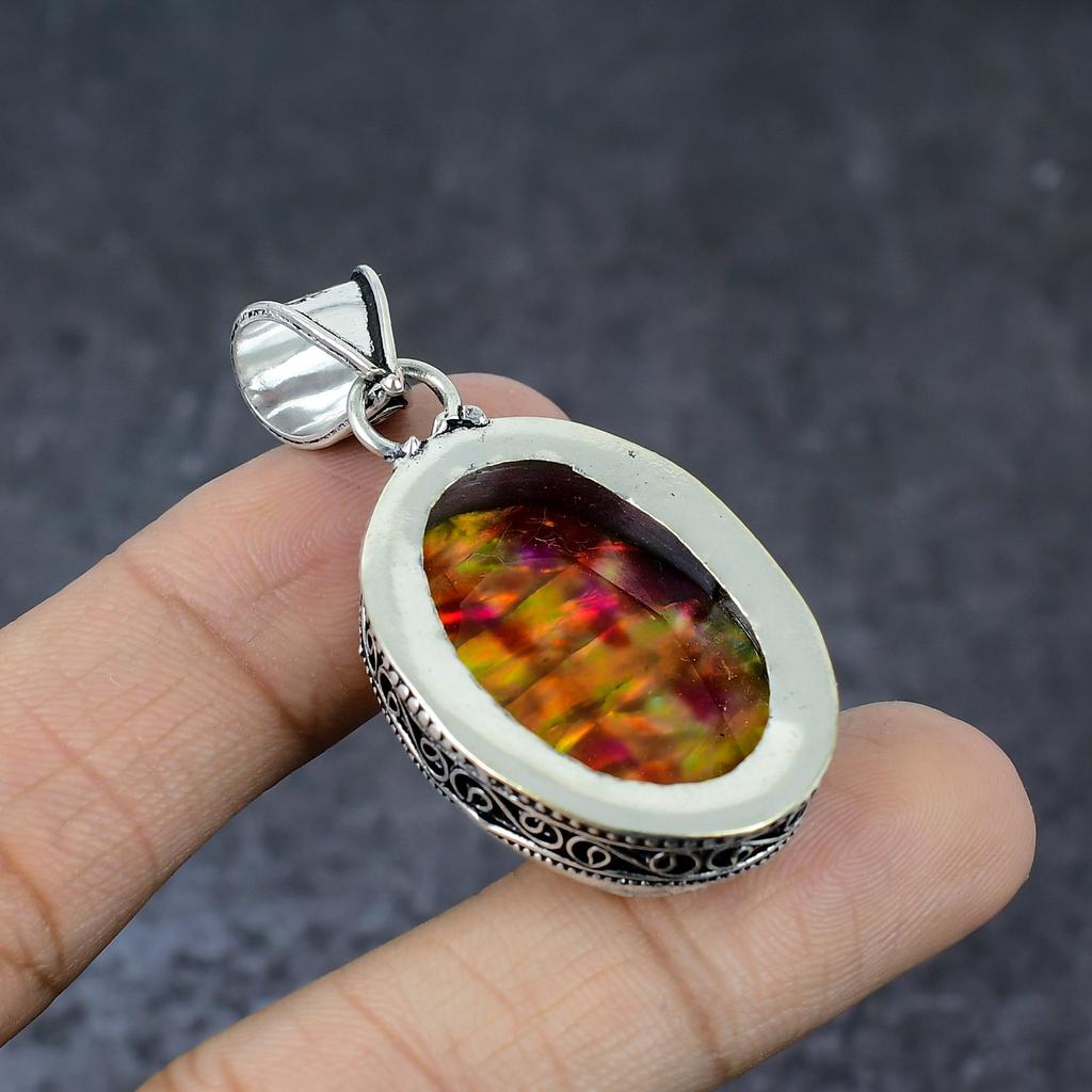 Ammolit Edelstein Handgefertigt 925 Sterling Silber Geschenk Schmuck Anhänger 2" G0k28