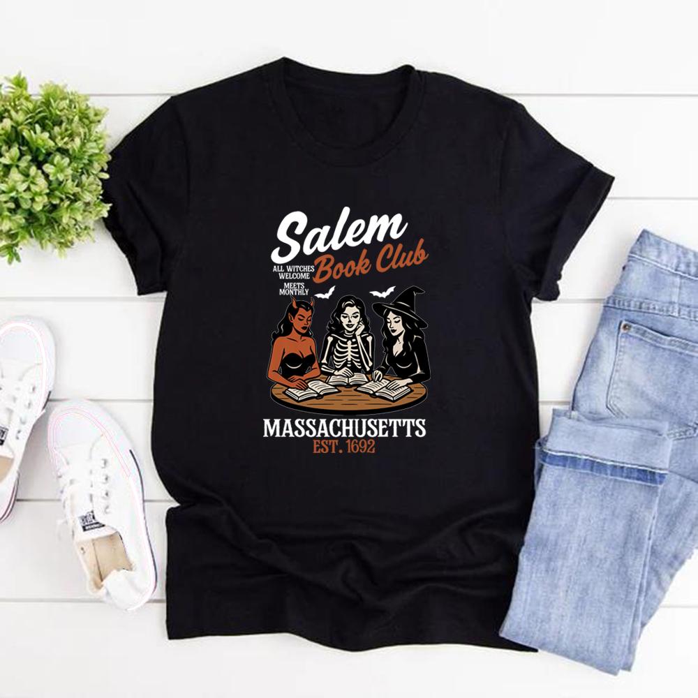 Witchy Book Club T-Shirt Spooky Girl Reading Tshirt Book Lover Halloween T-shirt Casual Women Graphic T Shirts Witches Salem Tee