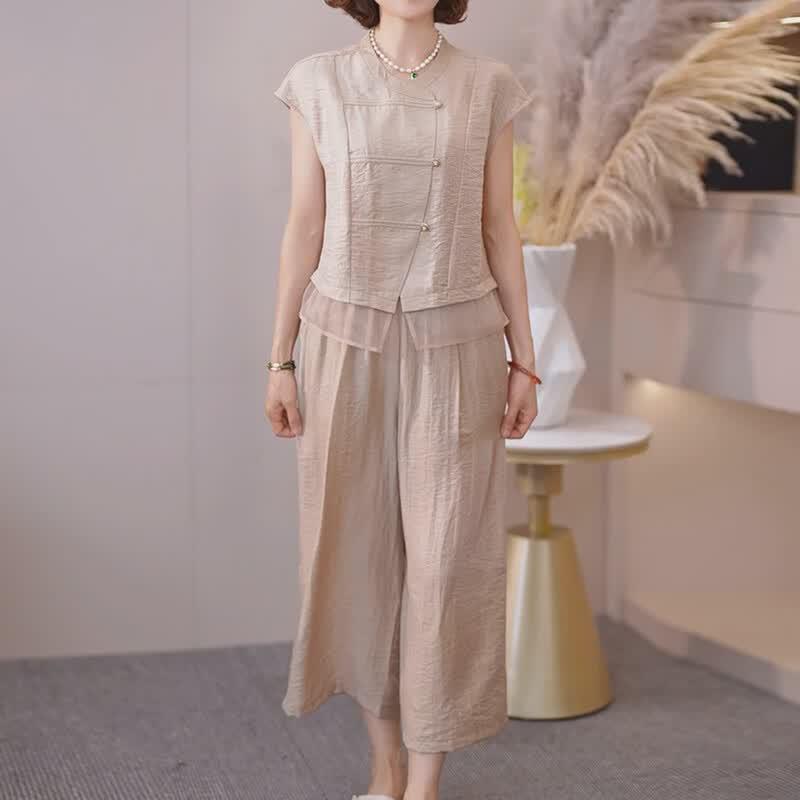 Datang Furen Mid-Aged Women s Chinese Style Sleeveless Wide-Leg Pants Set M