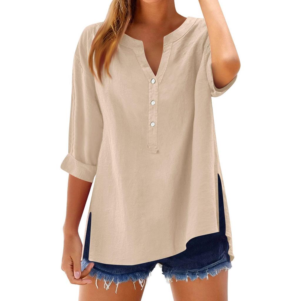 Women's Casual V-Neck Button Down Shirt Solid Color Long Sleeve Hem Split Cotton Blouse