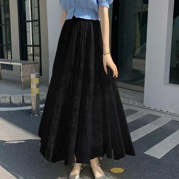 Women's High Waist French Lace Midi Skirt - Elegant A-line Drape for Spring/Summer