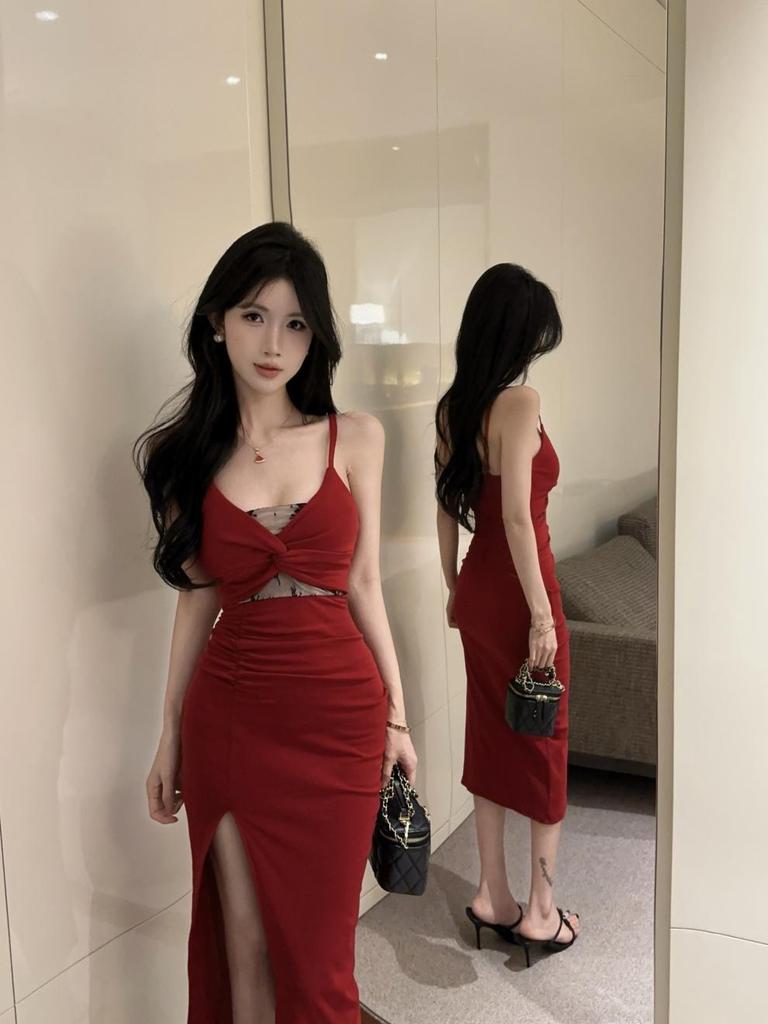 Lace Patchwork High Slit Spaghetti Strap Dress - Sexy Slim Fit, Open Back, Low Cut Evening Wear for Women