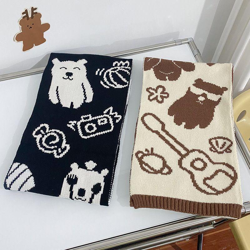 Japanese Double sided Color blocked Guitar Bear Knitted Scarf for Women in Winter Soft and Waxy Warm and Versatile Sweet Scarf for Students