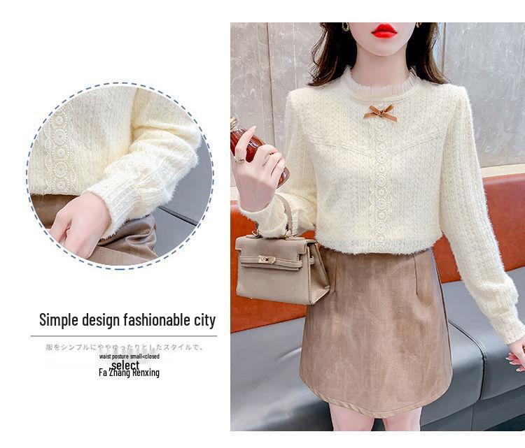 2025 Autumn/Winter Korean Bow Slimming Lace Shirt - Fleece-Lined, Long Sleeve, Versatile Women's Style