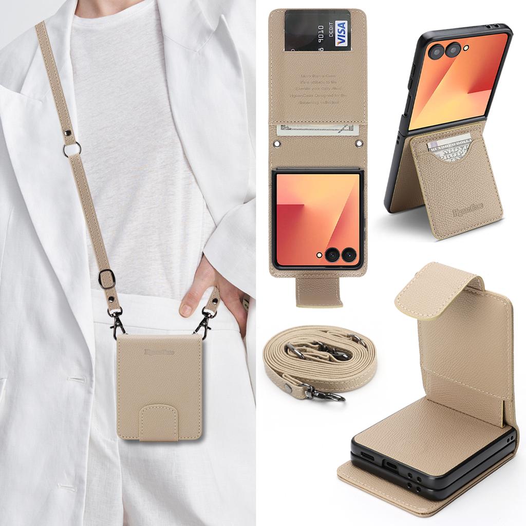 Crossbody Long Lanyard Cards Solt Leather Phone Case for Samsung Galaxy Z Flip 7 6 5 4 3 Comfortable Grip Kickstand Bag Cover