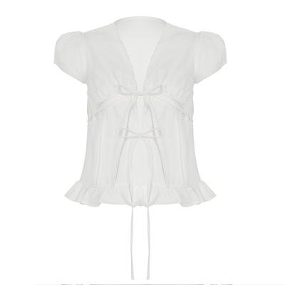 Camisa com Mangas Bufantes Plissadas de Renda Francesa Amarrada para Mulheres com Renda Branca Solta Slim Pura e Sexy Top Curto Hot Girl