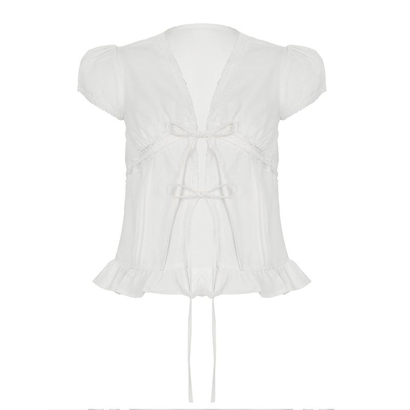 

Блузка с французским кружевом, плиссированными рукавами-буфами и завязками для женщин, с белым кружевом, свободная, приталенная, чистая и сексуальная, топ для горячей девушки, короткий L белый