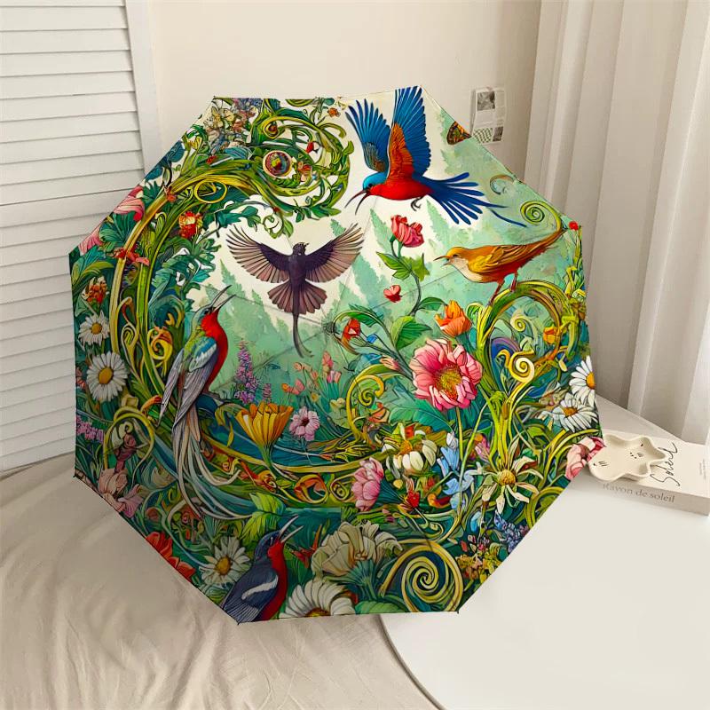 

1PC birds flowersAutomatic Open/Close Umbrella with Windproof, 8-Rib Sturdy Canopy, Durable Ribs, Fashionable Design, Outdoor Accessory, Fun Prin, Hol