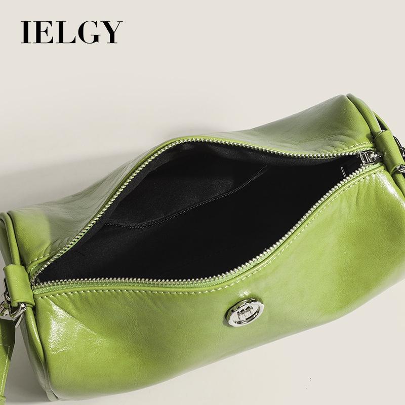 IELGY simple oil wax leather solid color cylindrical women's bag, versatile soft surface small round bag, shoulder messenger bag