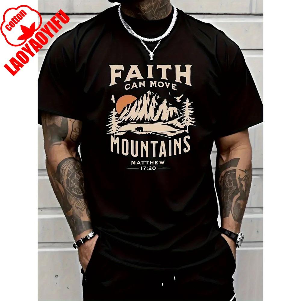 

Men T Shirt Cotton Faith Can Move Mountains Monogram Printed T Shirt Seasonal Casual Trendy Crew Neck High Street Cotton 4XL