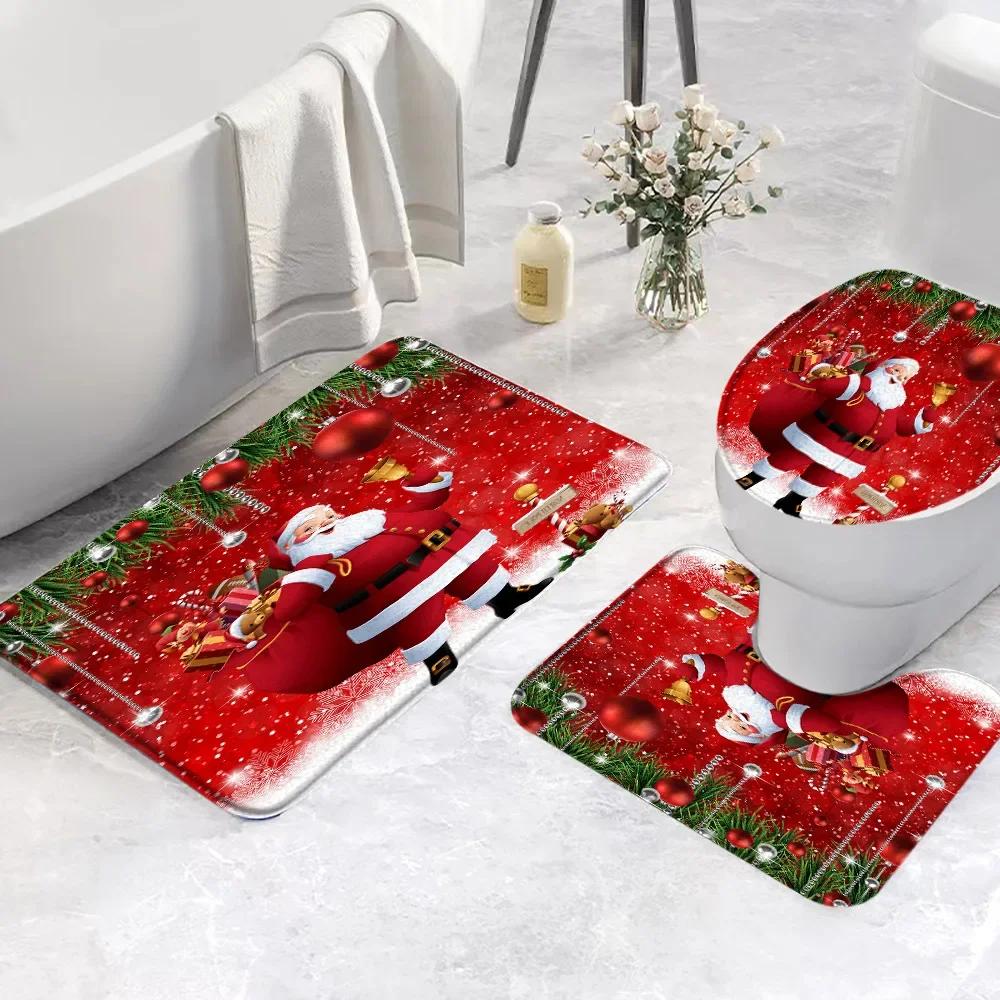 Set di 3 Tappetini da Bagno Natalizi Pupazzo di Neve Babbo Natale Scena Invernale con Neve Rosa Regalo Festivo Tappetino da Bagno Copri WC Decorazione Bagno