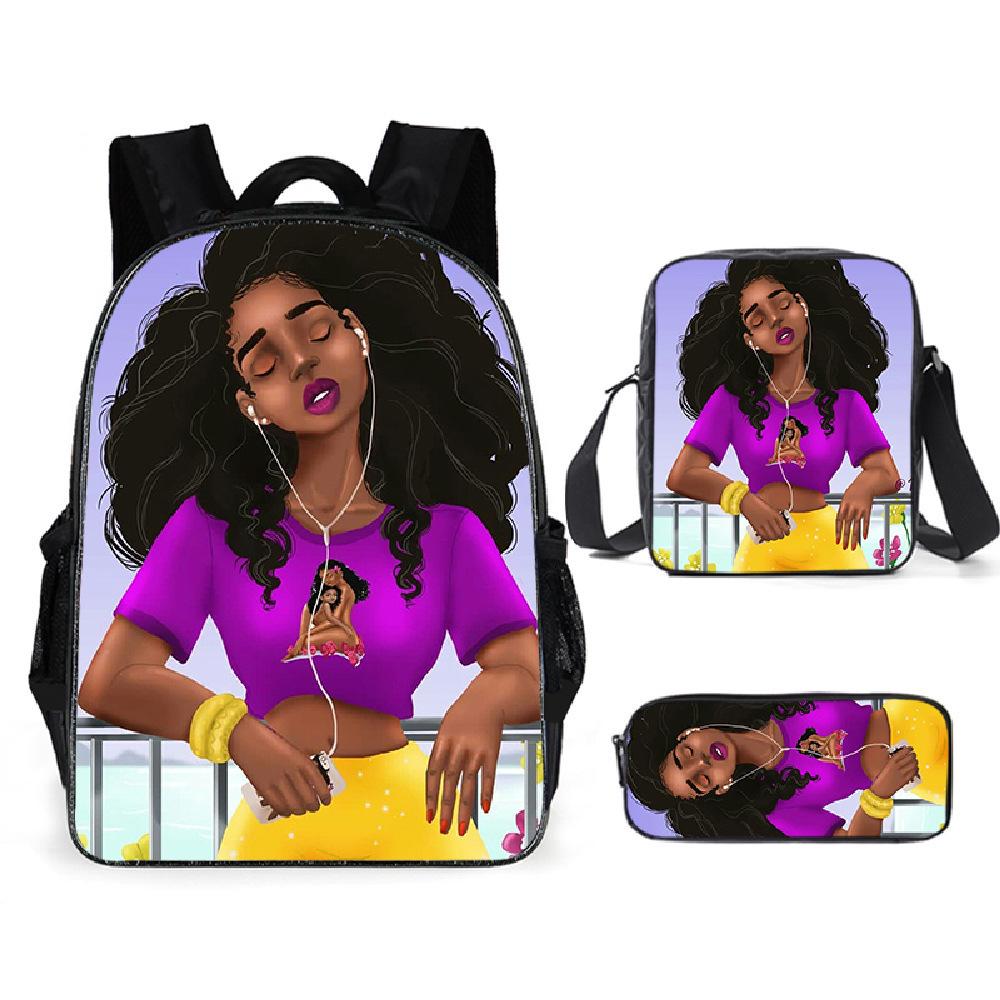 Cartoon African Girl Schoolbag, Primary And Secondary School Backpack, Backpack Three-Piece Set