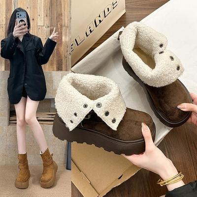 Retro Thick-soled Heightening Snow Boots, New Winter Medium Tube Velvet Martin Boots, Two Wear Thermal Cotton Shoes