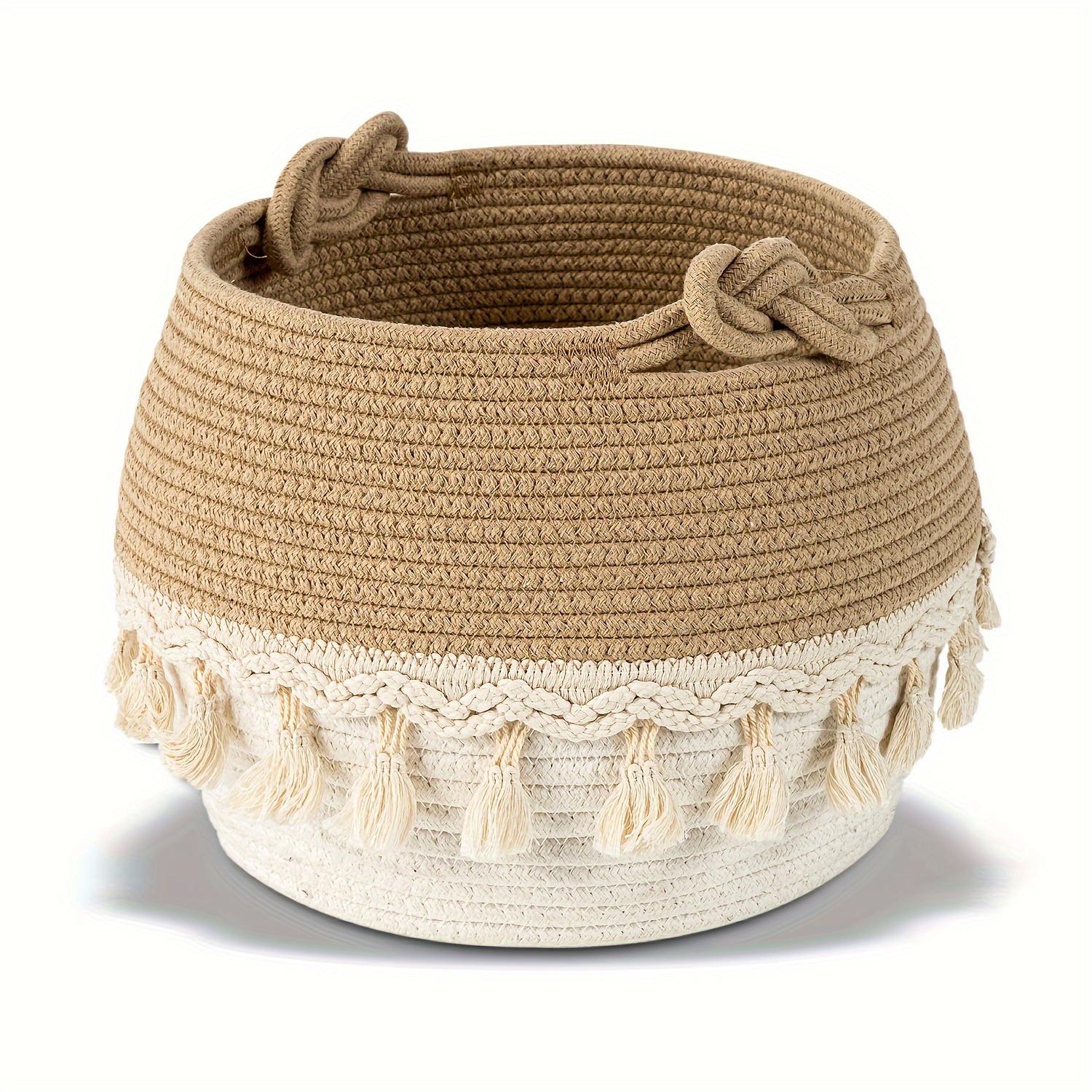 

12 Woven Rope Basket with Tassel - Boho Toy & Blanket Storage for Nursery, Shelf, Desk темного кольору хакі