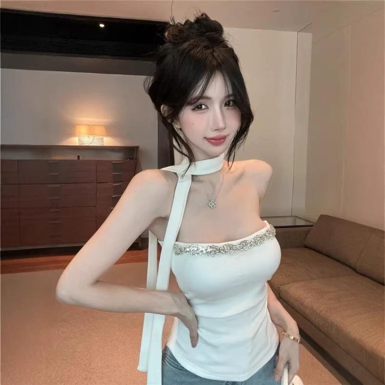 #Summer new pure desire wind heavy industry drill chain belt scarf tube top vest slim one-piece with chest pad