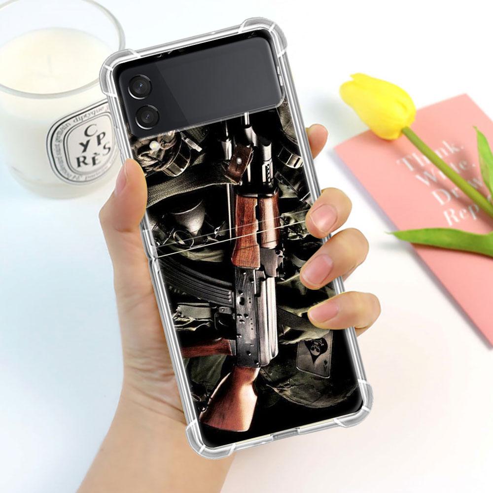 Luxury Case For Samsung Galaxy Z Flip 3 4 5G Funda Z Flip3 Clear PC Hard Shockproof Back Phone Shell AK47 Handgun Gun BUllets