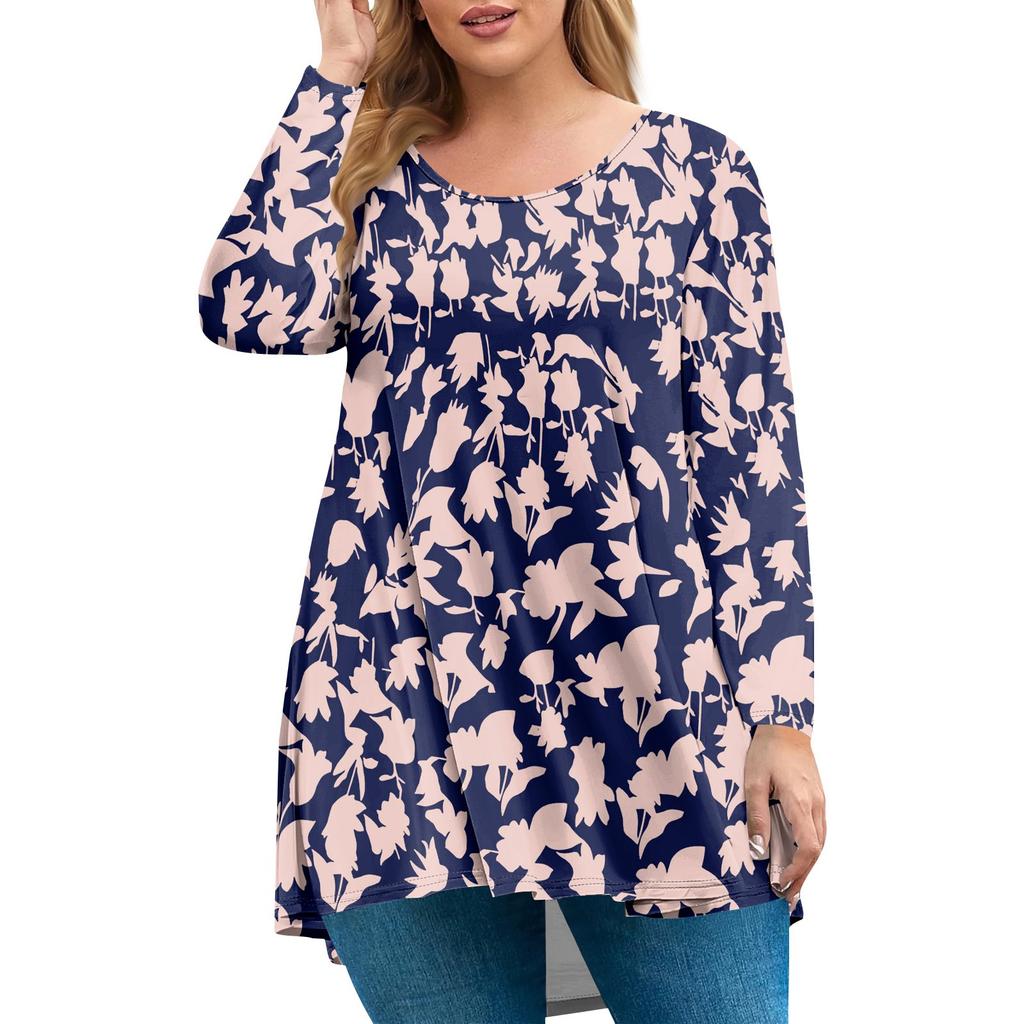 Dames pluss størrelse topp, hageskrage langermet skjorte, moteriktig blomsterprint avslappet topp