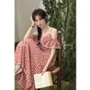 Women's French Retro Red Plaid Off-Shoulder Camisole Dress