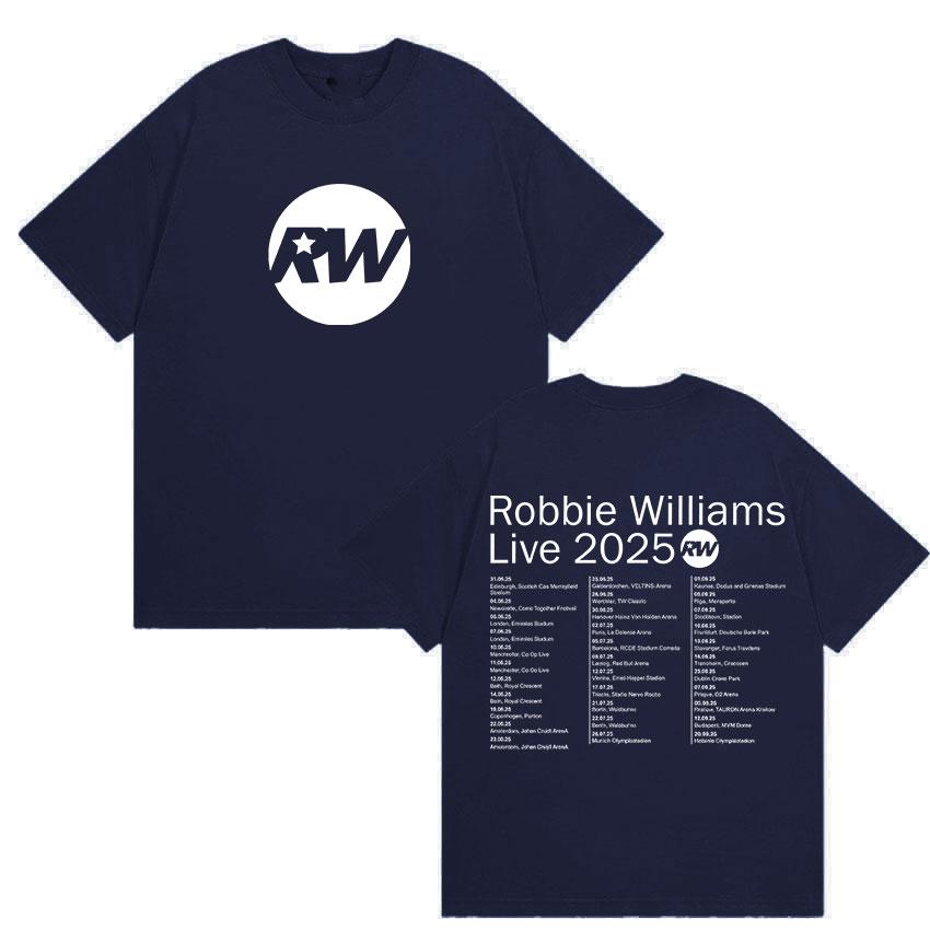 Robbie Williams Live Rw Tour 2025 Merch T Shirts Men's Vintage High Quality Cotton T-Shirt Man Hip Hop O-Neck Clothing T-shirts