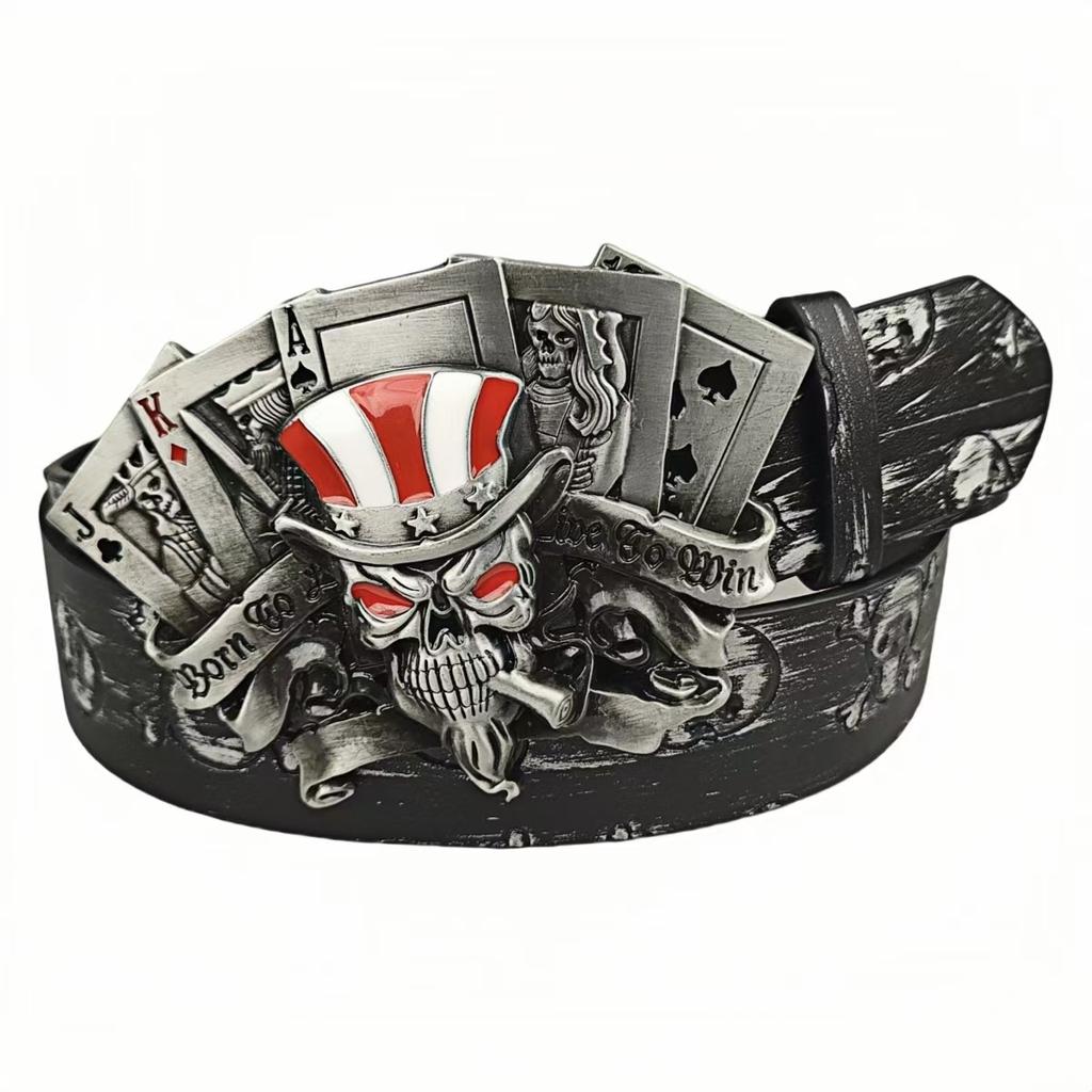 Trendy Skull Alloy Silver Buckle Embossed Belt Playing Card Buckle Fashion Youth Trouser Belt