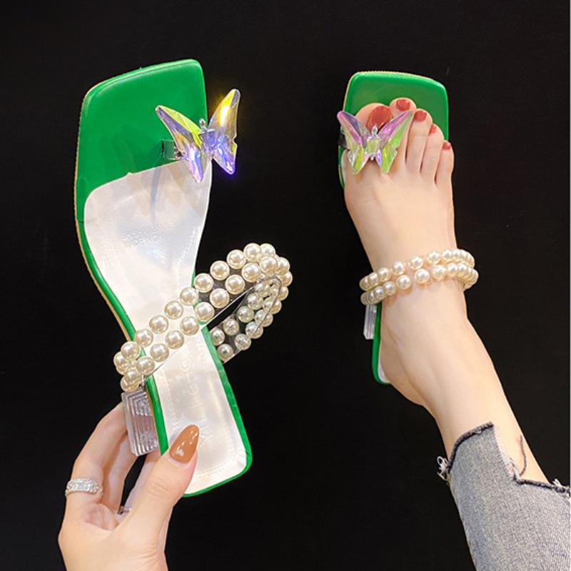 2024 Verão Salto Médio Moda Pérola Mulheres Chinelos Sapatos Novos Flor Flip Flops Sandálias Vestido Mulheres Bohemia Casual Senhoras Slides