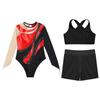 Girls Dance Costume 3 Piece Set Keyhole Back Leotard Mesh Sleeves Contrast Color Vest Rhinestone Shorts