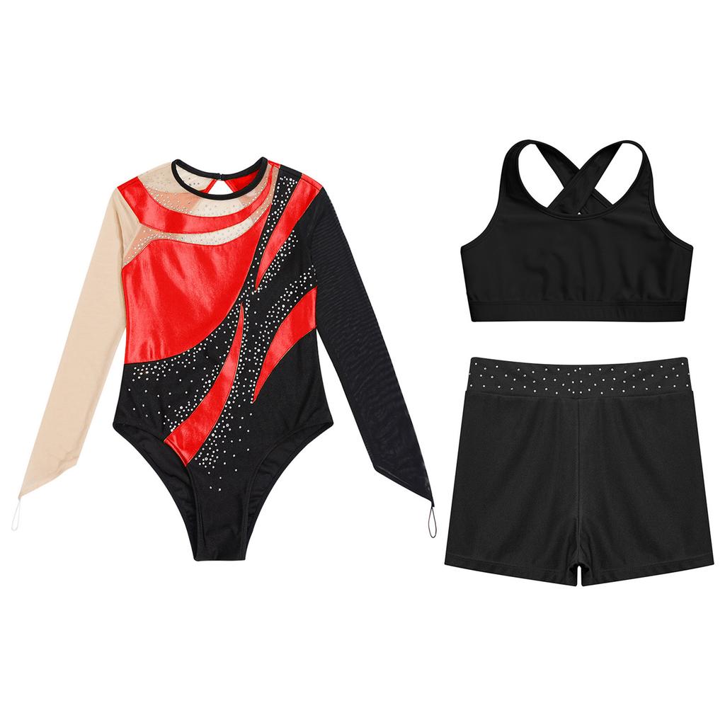Girls Dance Costume 3 Piece Set Keyhole Back Leotard Mesh Sleeves Contrast Color Vest Rhinestone Shorts