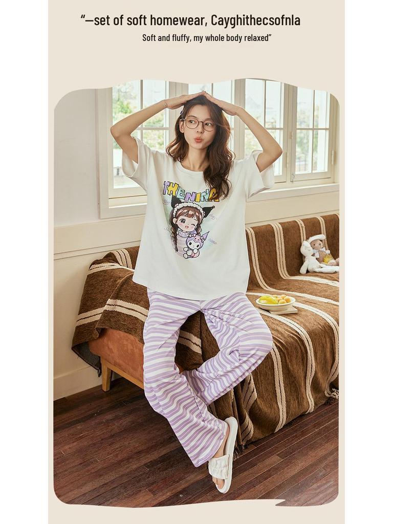 Summer Cotton Pajama Set for Women: Short Sleeve, Long Pants, Cute Design for Teens, Perfect for Spring and Summer.