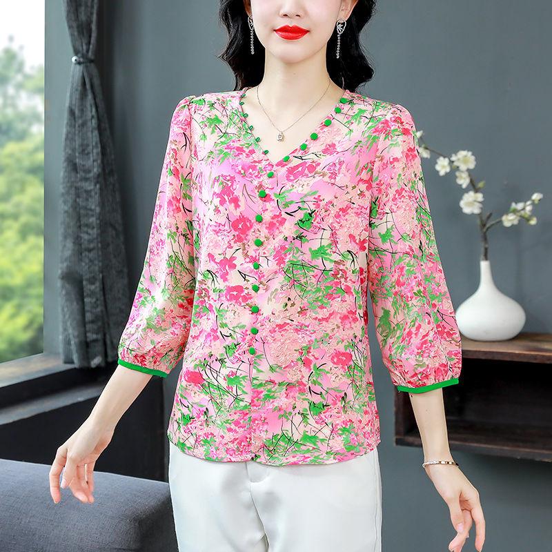 Seven Sleeve Floral Chiffon Top for Women Summer Loose V-neck Design Stylish Color and Small Shirt