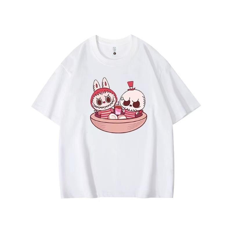 Summer Round Neck Labubu Pattern Printed Top Fashionable Casual Pure Cotton Short Sleeved Women's T-shirts