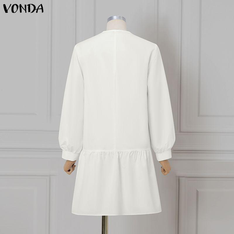 VONDA Elegant Women V Neck Long Sleeve Lace Bow Knot Ruffled Shirts Dress