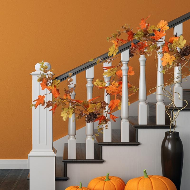 Fall Garland Thanksgiving Decor Artificial Fall Maple Leaves for w/ Pumpkin Halloween Garland for Garden Party Home Orna
