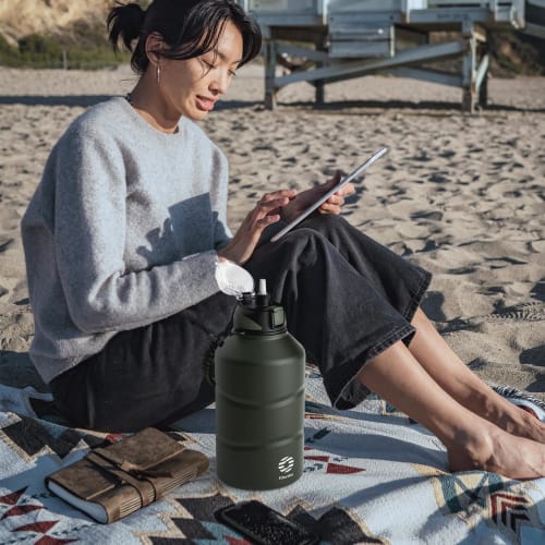 FJbottle 1.9 Liter Vacuum Insulated 2-Way Water Bottle with Straw, One-Touch Direct Drinking, Sports Jug (with Strap), 1.9L (1900ml), Sports Bottle, S