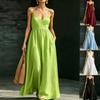 Abito estivo da donna europeo e americano con scollo a V, allacciatura al collo, spalline sottili, manica corta, tasca, elegante, lungo