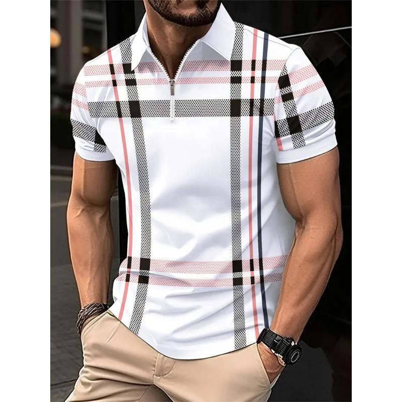 Plaid 3D Printed Short-Sleeved Top Men'S Casual Lapel Polo Shirt