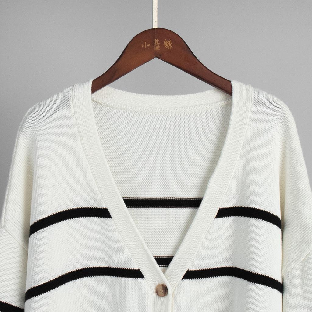 Women'S Striped Knit Cardigan V-Neck Cotton Thickened Warm Loose Fit Autumn Winter Sweater