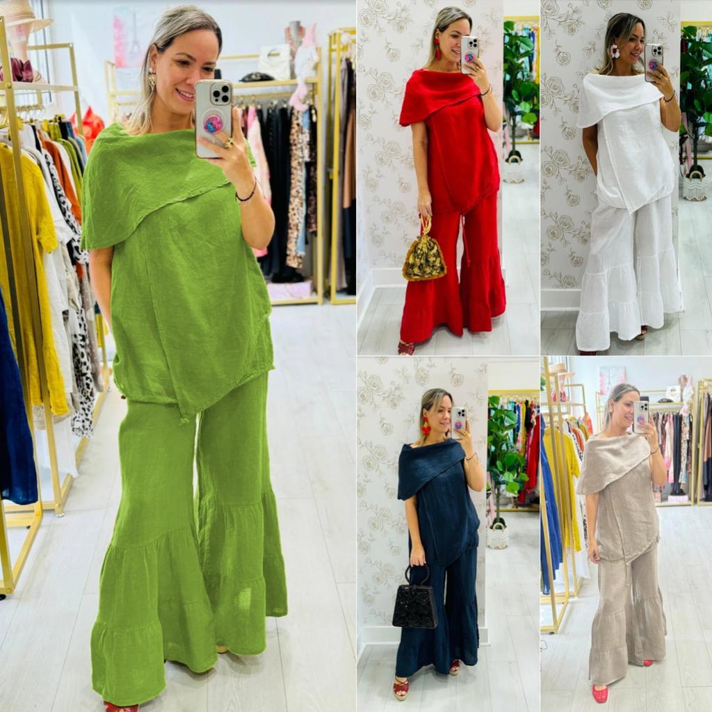 Women's Asymmetrical One Shoulder Top with Flared Wide Leg Pants Set in Multiple Colors