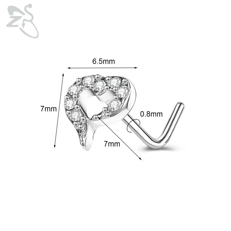 ZS 1 Piece Cute CZ Crystal Nose Stud L-Shape 20g Stainless Steel Nose Piercings Flower Moon Heart Shape Zircon Nostril Piercing