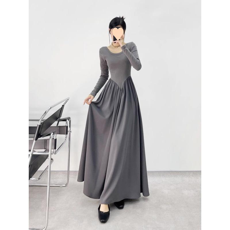Women Slim Waist Long Dresses Patchwork Long Sleeve Dress Elegant Simple O-Neck A-Line Midi Dress
